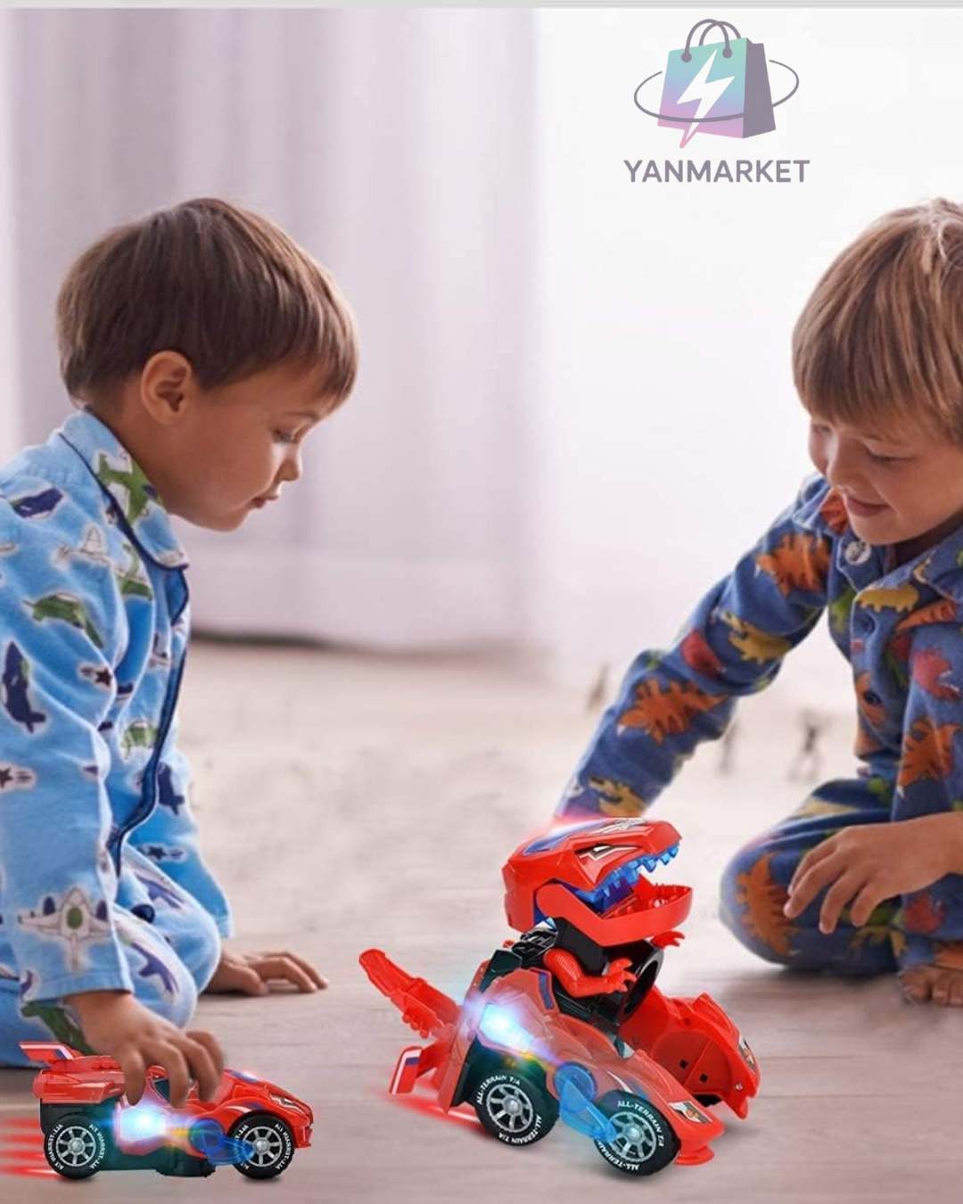 CARRO 2 EN 1  TRANSFORMER DINOSAURIO- LUZ LED SONIDO